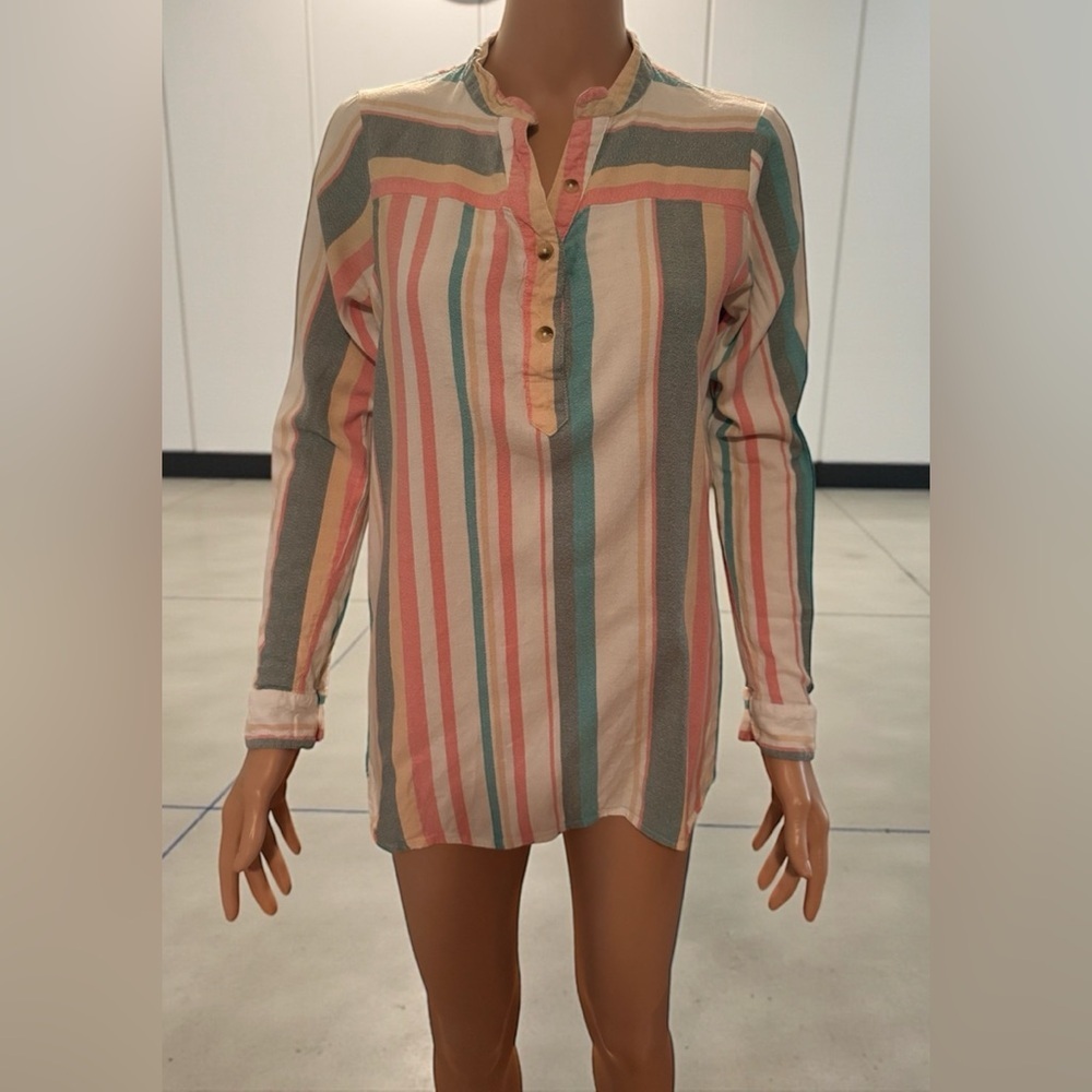 BKE Women’s Striped Henley Tunic Top Small Long Sleeve Cotton Rayon Boho